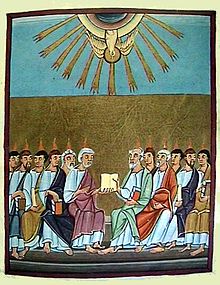 Descente du Paraclet sous la forme du Saint-Esprit cinquante jours apr&egrave;s avoir &eacute;t&eacute; promis par J&eacute;sus (Apocalypse de Bamberg, ~1010).